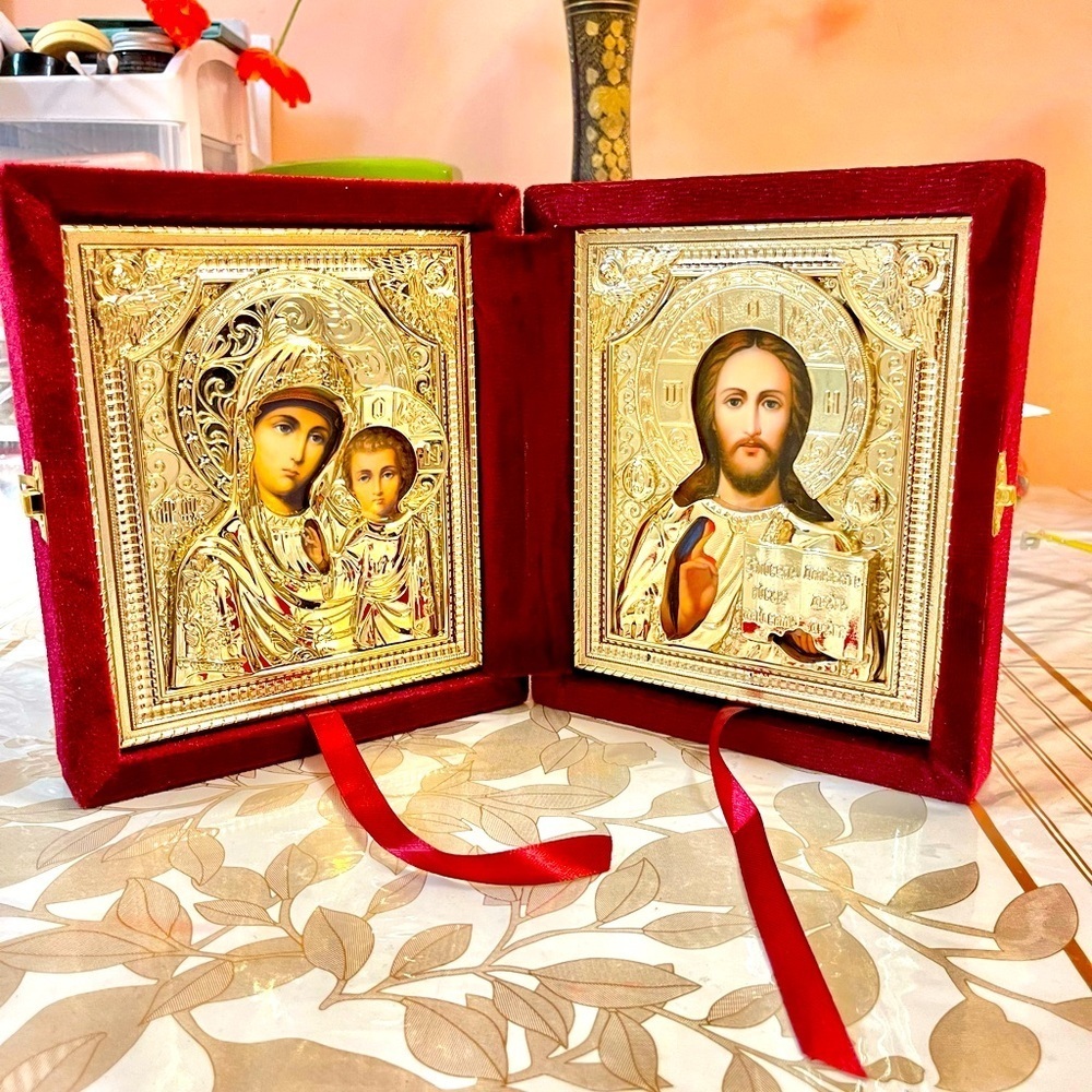 Orthodox Icon Diptych Jesus Christ & Virgin Mary With Child In Velvet Box